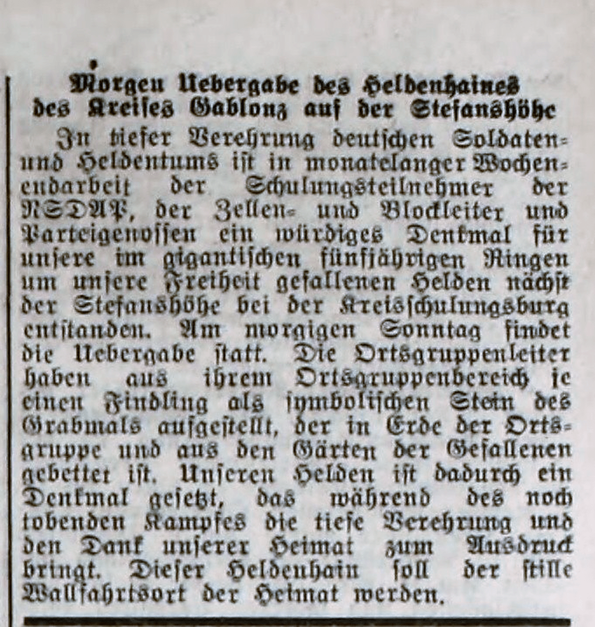 Oznámení nacistického tisku z října 1944 o odhalení pomníku padlým na Štěpánce