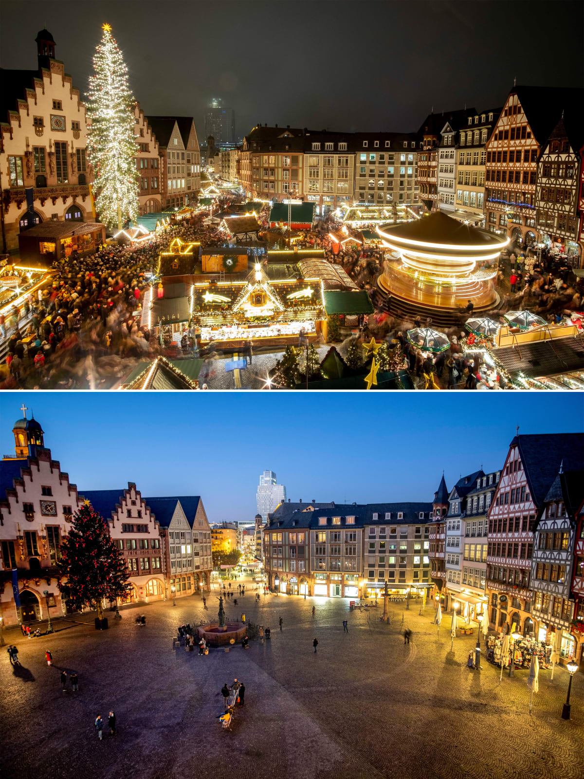 Frankfurt nad Mohanem v Německu podobně jako v Praze nabízí pohled alespoň na vánoční stromek.
