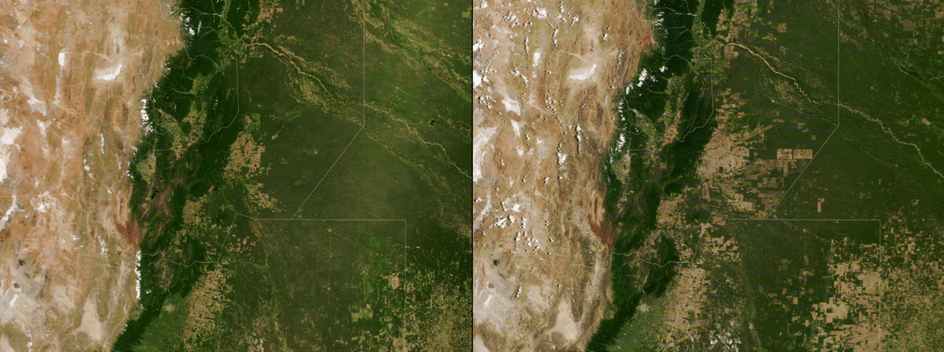Galerie NASA: Deforestace v argentinském regionu Gran Chaco. Vlevo prosinec 2000, vpravo prosinec 2019.