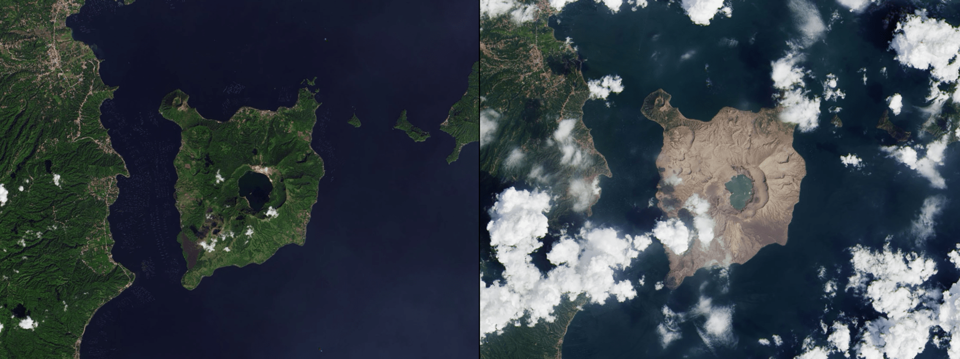Galerie NASA: Aktivní sopka Taal na Filipínách. Vlevo prosinec 2019, vpravo březen 2020.