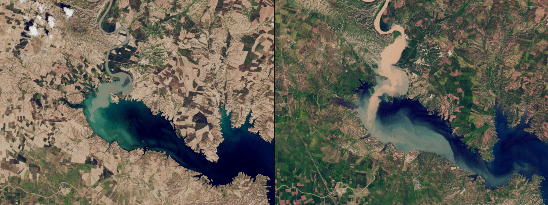 Galerie NASA: V Iráku se vylila řeka Tigris. Vlevo duben 2015, vpravo duben 2019.