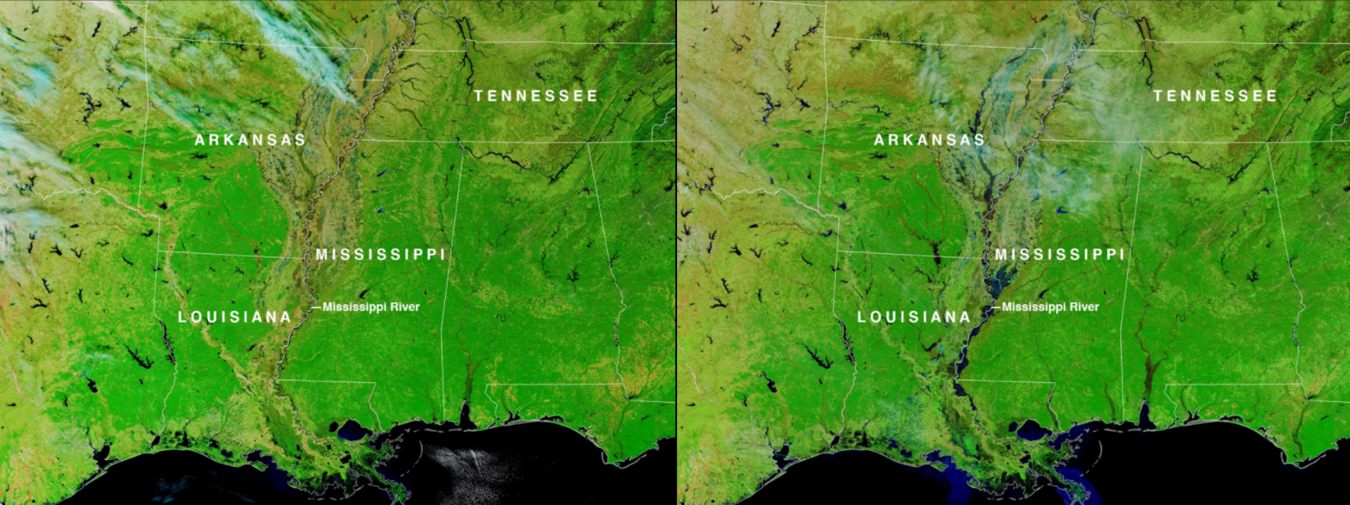 Galerie NASA: Řeka Mississippi způsobila záplavy. Vlevo prosinec 2019, vpravo únor 2020.
