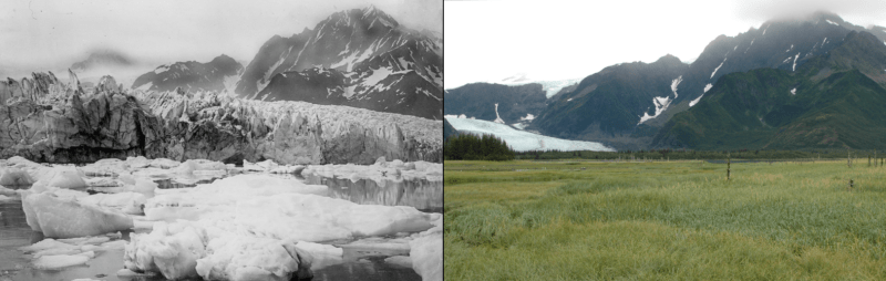 Galerie NASA: Proměna Aljašky. Vlevo meziválečná fotografie, vpravo srpen 2005.