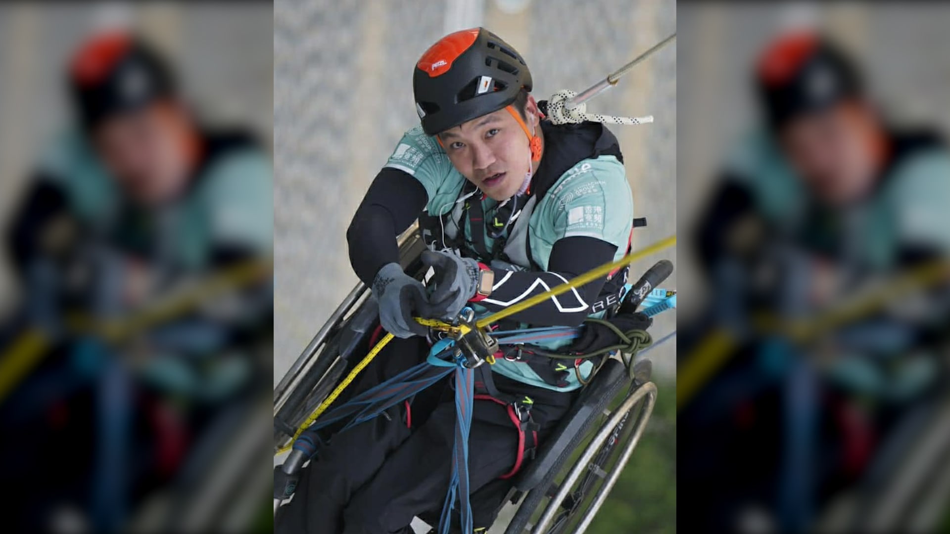 Paraplegik Lai Chi-wai během svého obdivuhodného výkonu. 