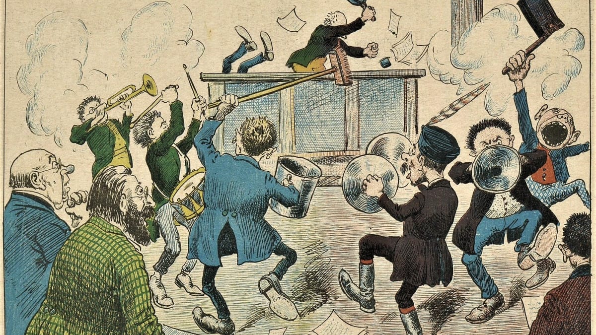 Bitva v parlamentu v roce 1900. Ilustrace z časopisu Rašple z 1. 7. 1900 (Foto archiv Kramerius)