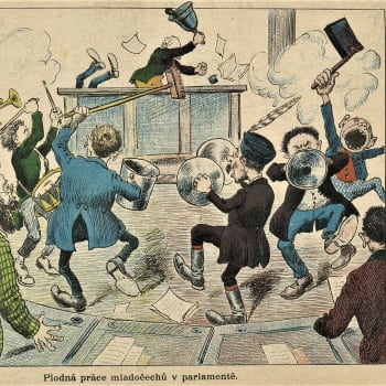 Bitva v parlamentu v roce 1900. Foto archiv Kramerius. Ilustrace z časopisu Rašple z 1.7.1900