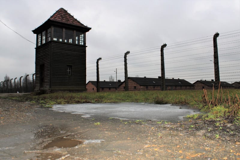 Koncentrační tábor Osvětim v zimě, 25. ledna 2021. Toho času pro turisty uzavřen