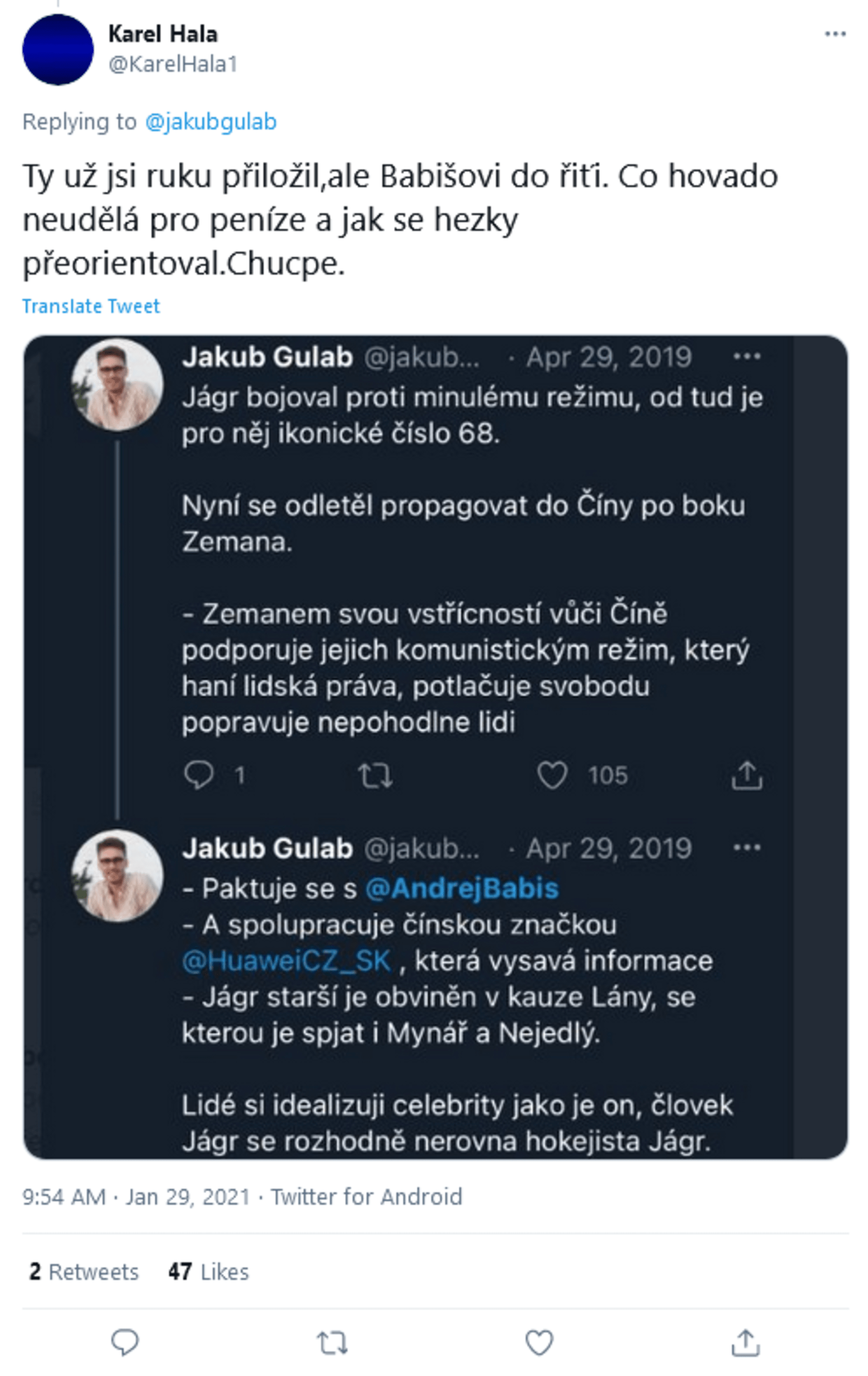 Twitter má paměť. Lidé Jakubu Gulabovi připomínají jeho dřívější kritické postoje vůči současné vládní garnituře.