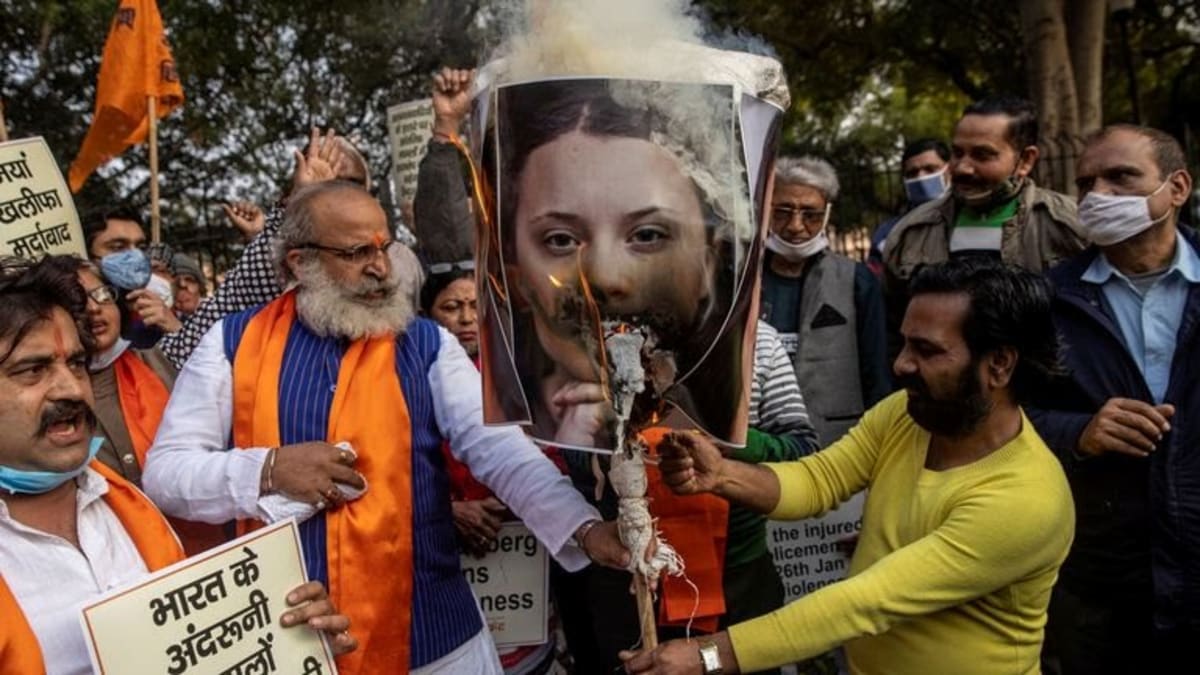 Demonstranti v Indii pálí plakáty ekologické aktivistky Grety Thunbergové a zpěvačky Rihanny. 