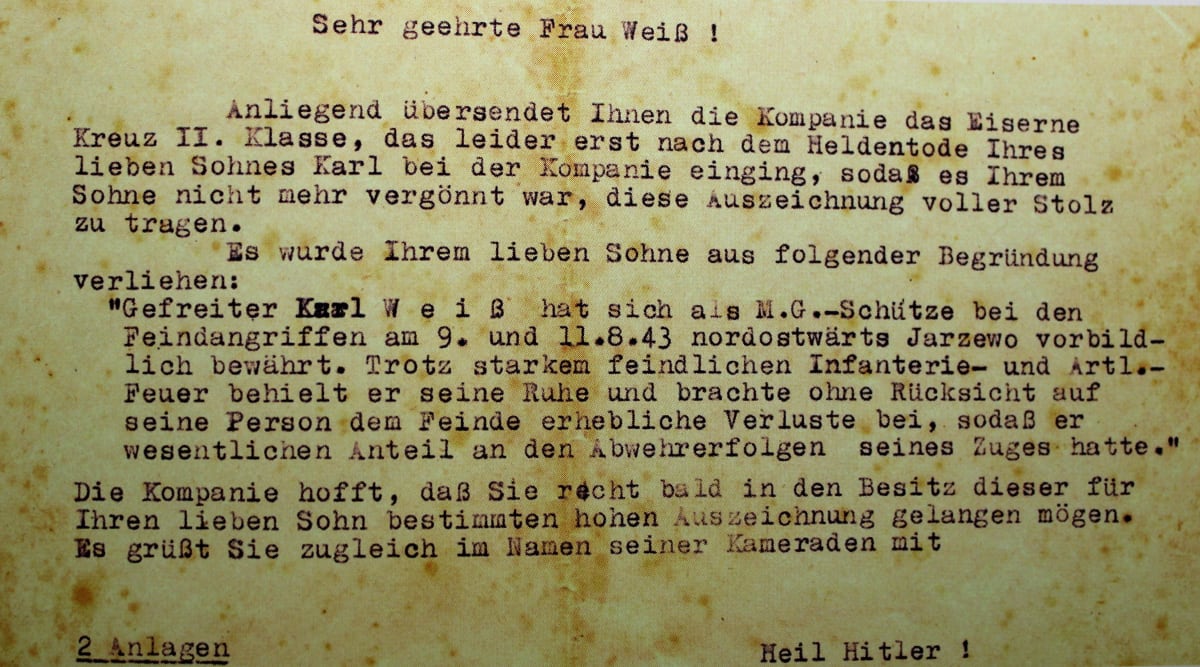 Dopis oznamující úmrtí Karla Weisse z Hlučína na ruské frontě