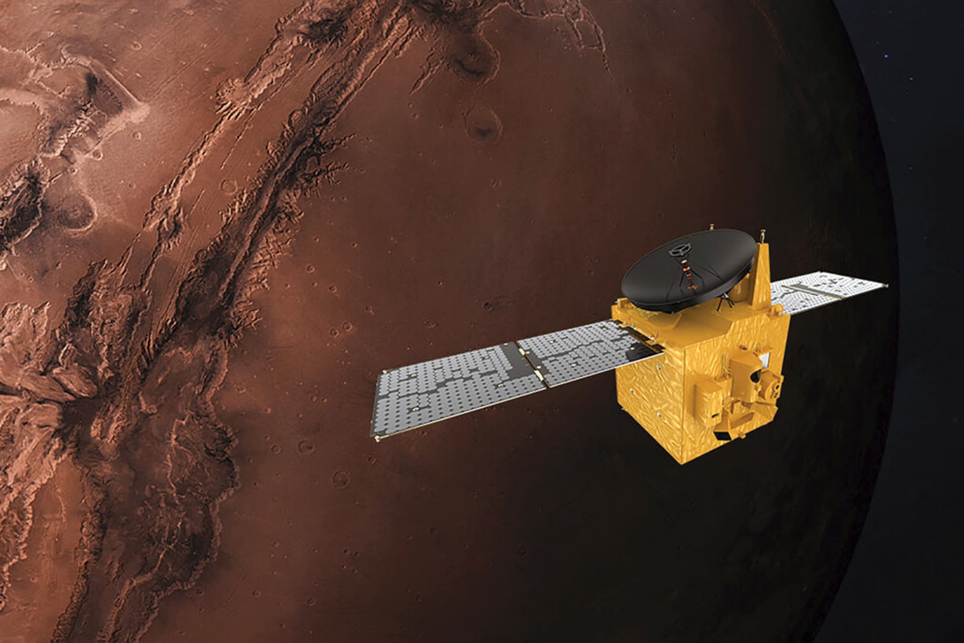 Ilustrace z 1. června 2020 poskytnutá Vesmírným střediskem Muhammeda Bin Rashida zobrazuje sondu Hope.