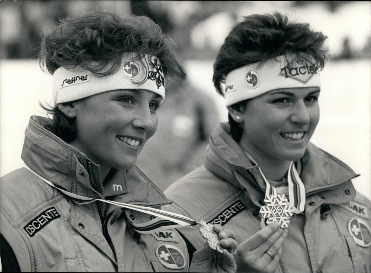 Švýcarky Maria Walliserová a Michela Figiniová na domácím světovém šampionátu v Crans Montaně v roce 1987