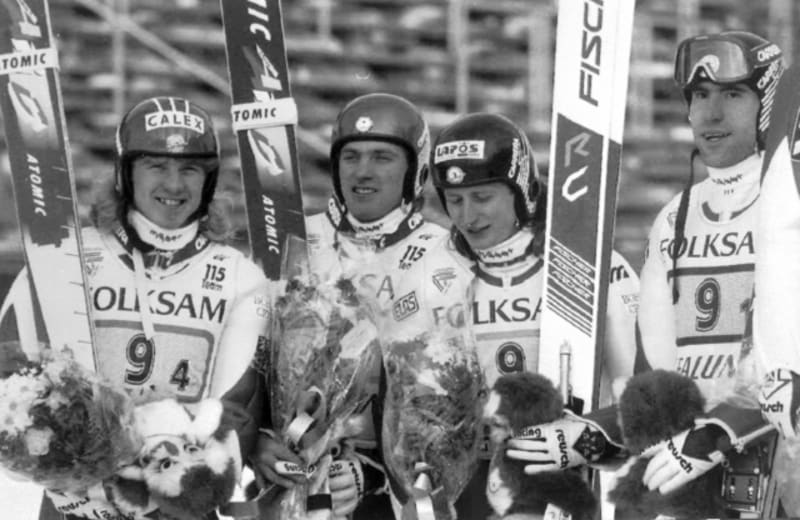 Stříbrné české družstvo z MS 1993 ve Falunu: Jaroslav Sakala, Jiří Parma, František Jež a Martin Švagerko (zleva).