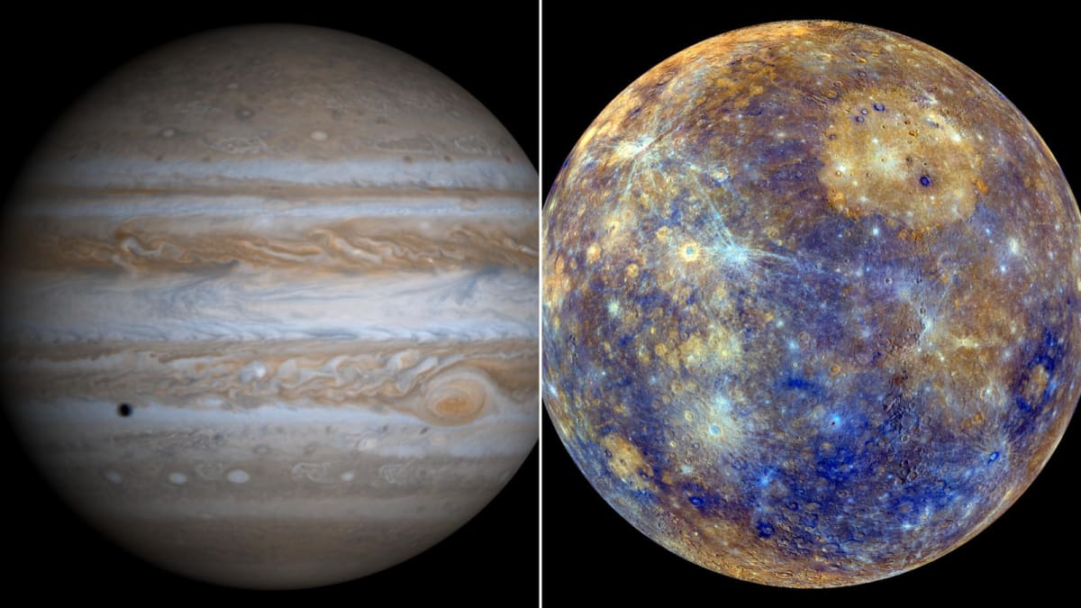 Jupiter a Merkur, největší a nejmenší planeta sluneční soustavy.