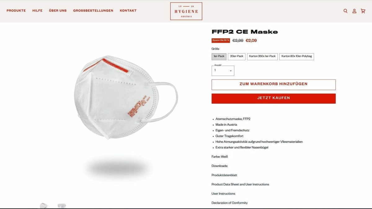 Snímek obrazovky webu Hygiene Austria s respirátorem Made in Austria