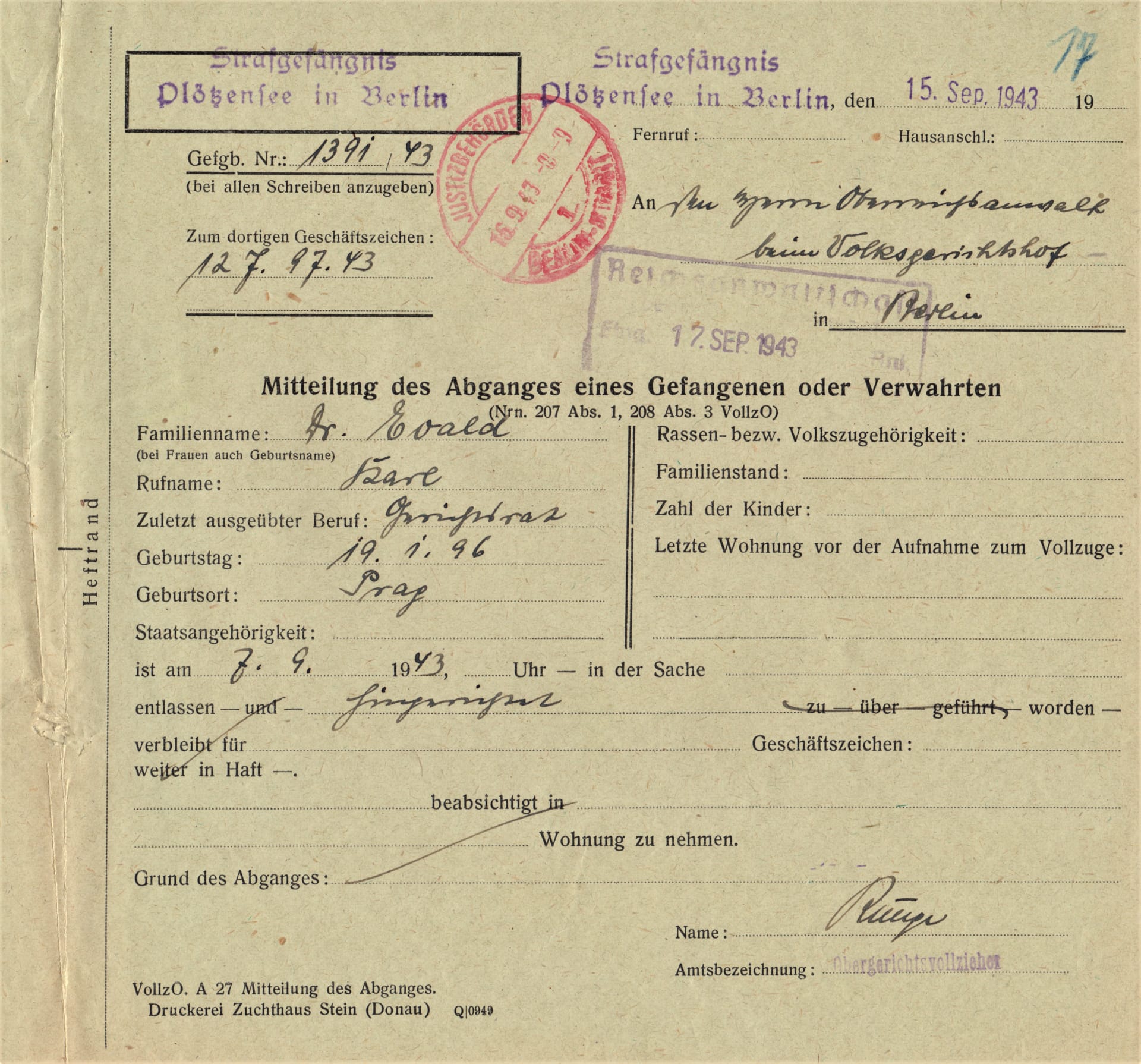 Oznámení o „odchodu vězně“, v tomto případě potvrzení o popravě Karla Evalda z Obce sokolské v odboji, popraven v Plötzensee 7. 9. 1943