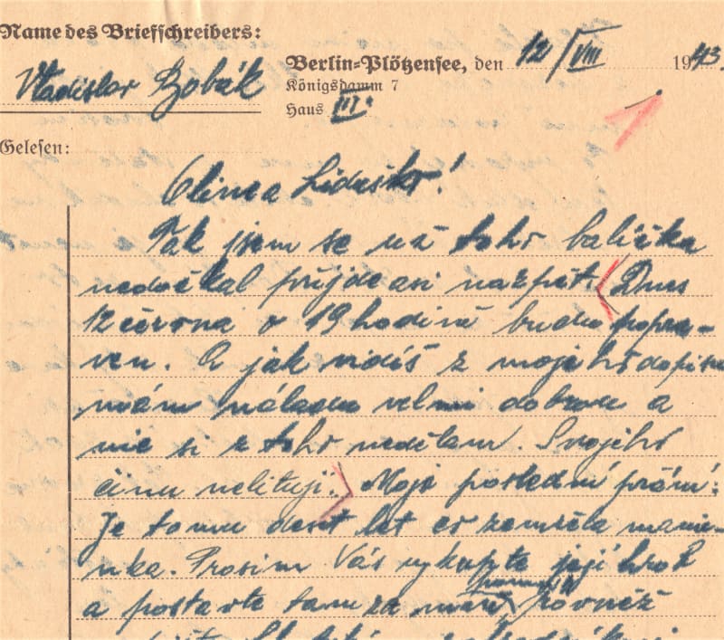 Dopis na rozloučenou z cely smrti, který z věznice Plötzensee v Berlíně nebyl nikdy odeslán. Napsal ho Vladislav Bobák, popravený 12. 7. 1943.
