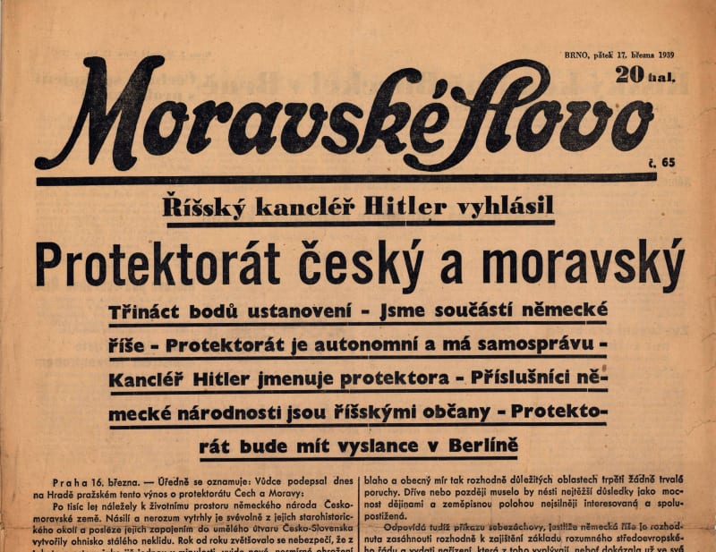 Titulní strana Moravského slova informující o vzniku protektorátu. Brno, 17. březen 1939 (zdroj: J. B. Uhlíř, kniha Protektorát Čechy a Morava)
