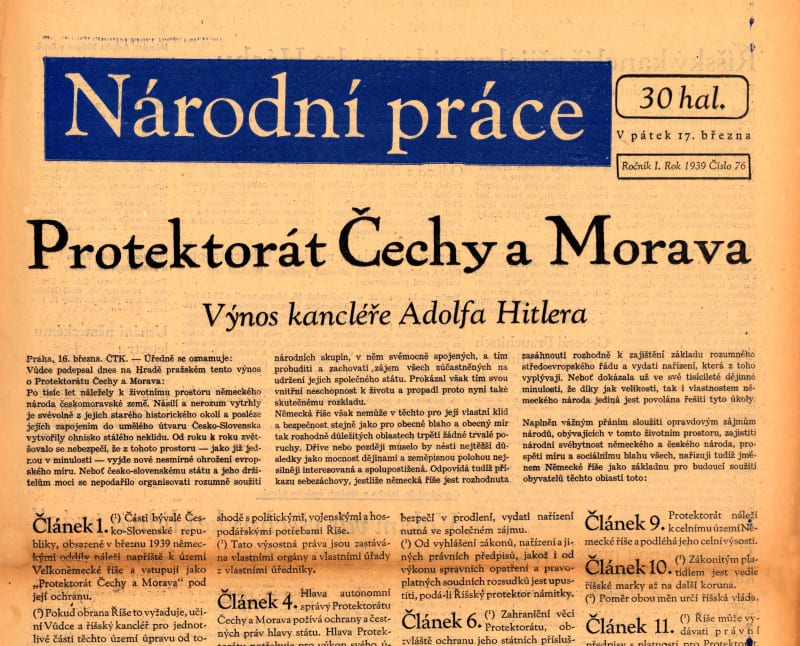Titulní strana Národní práce informující o vzniku Protektorátu Čechy a Morava, Praha a Brno, 17. březen 1939 (zdroj: J. B. Uhlíř)