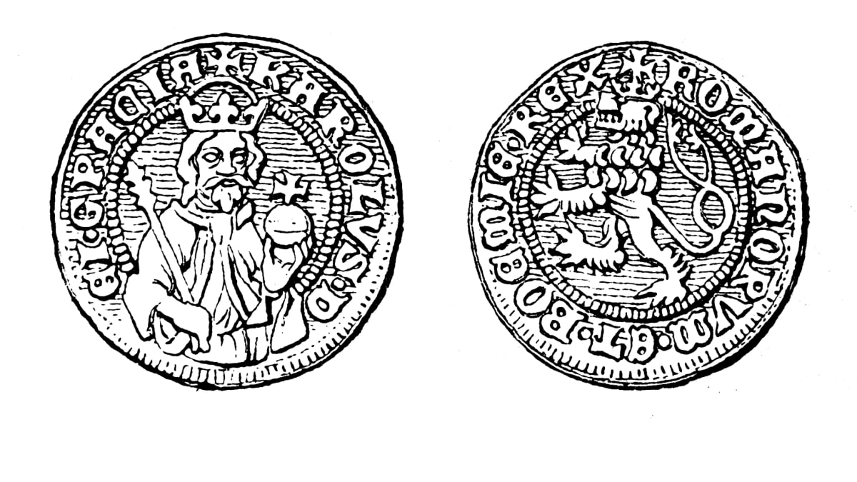 Ilustrace zlatého dukátu Karla IV.