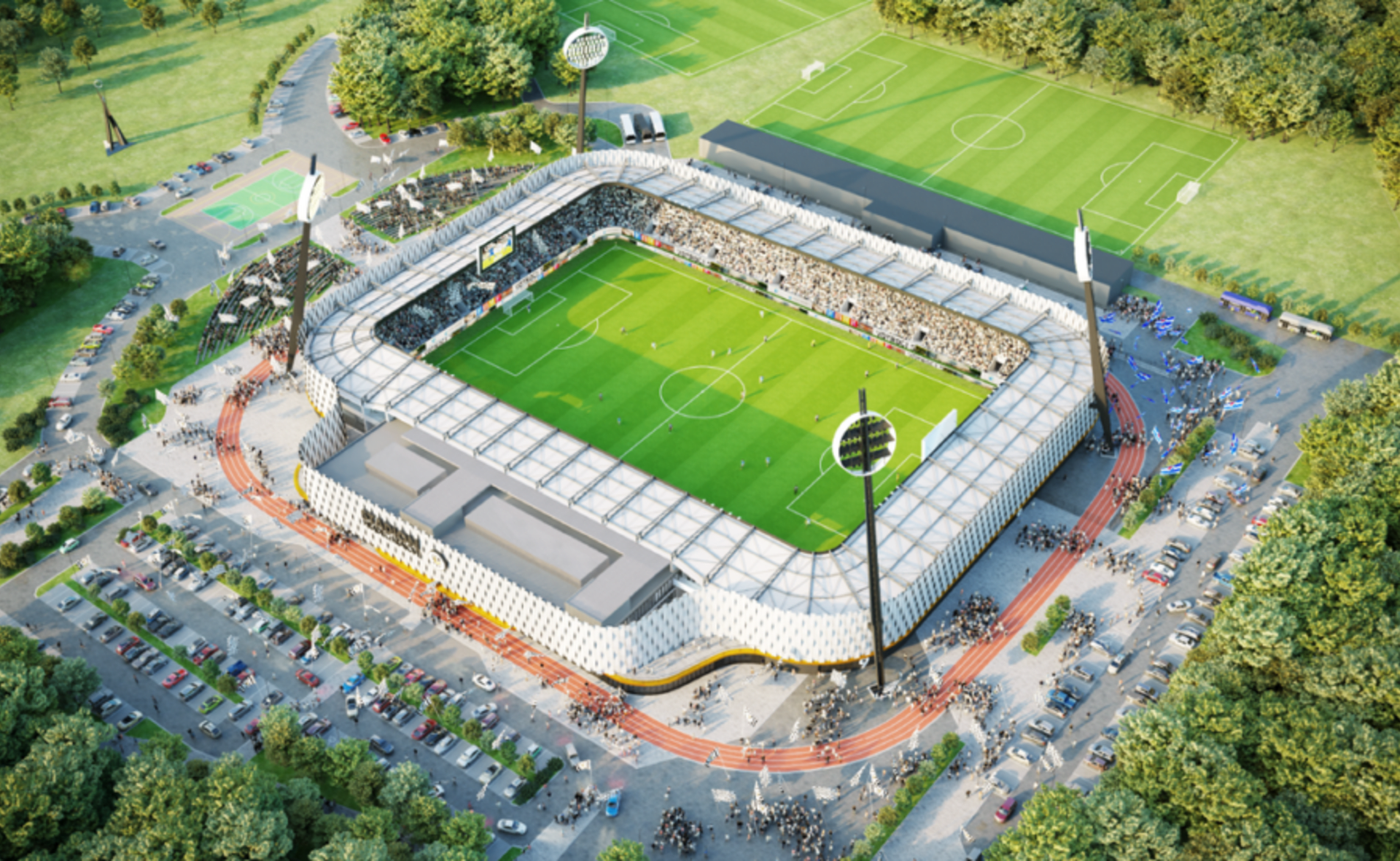 Takto by měl podle vizualizace vypadat nový fotbalový stadion v Hradci Králové.