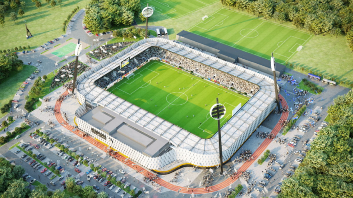 Takto by měl podle vizualizace vypadat nový fotbalový stadion v Hradci Králové.