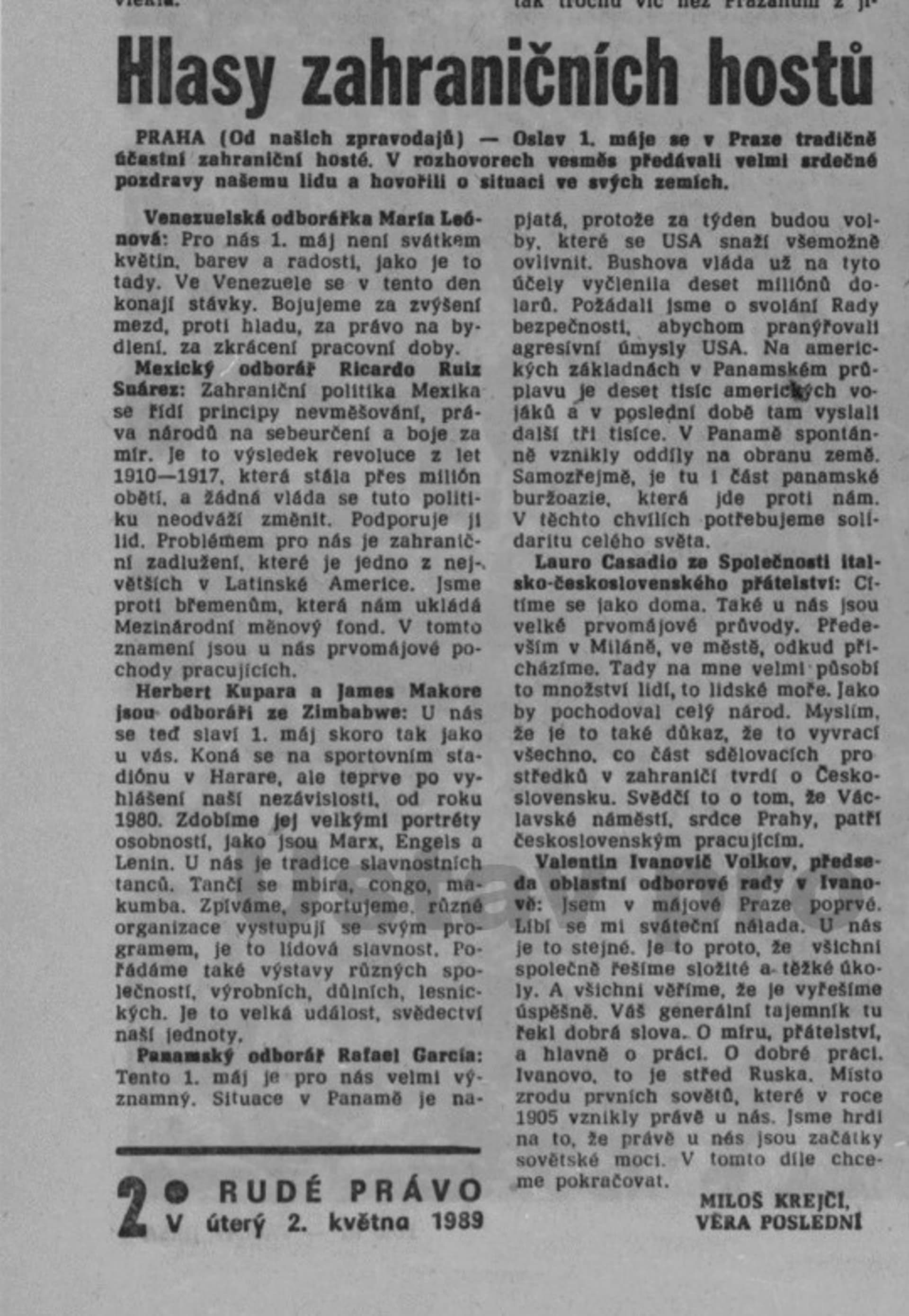 Rudé právo o zahraničních hostech na oslavách Svátku práce 1. května 1989