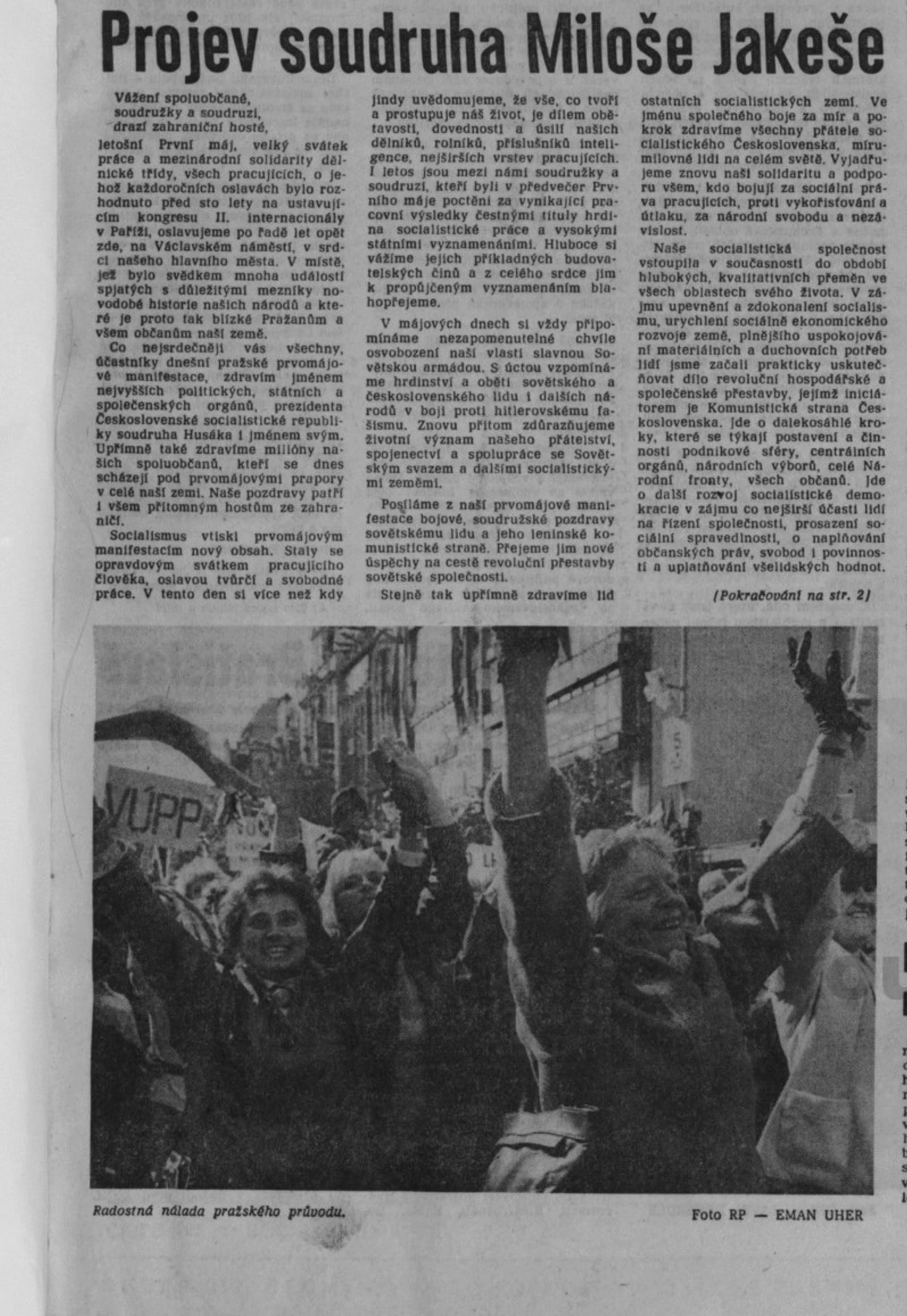 Jakešův projev k Svátku práce z 1. května 1989. Rudé právo 2. května 1989