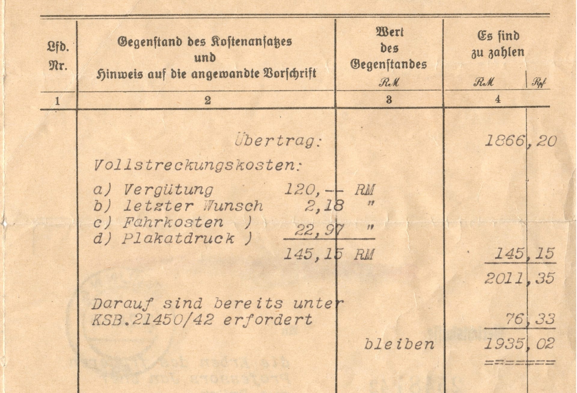 Děsivý dokument. První část účtu za popravu Jana Uhra v berlínské věznici Plötzensee na částku 1935 říšských marek