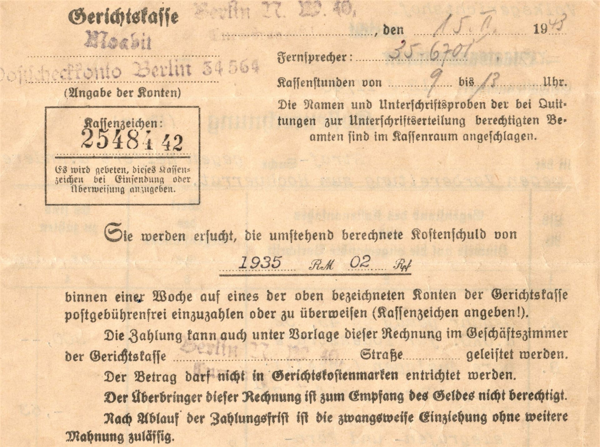 Děsivý dokument. Účet za popravu Jana Uhra v berlínské věznici Plötzensee na částku 1935 říšských marek