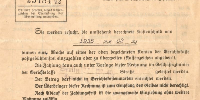 Děsivý dokument. Účet za popravu Jana Uhra v berlínské věznici Plötzensee na částku 1935 říšských marek