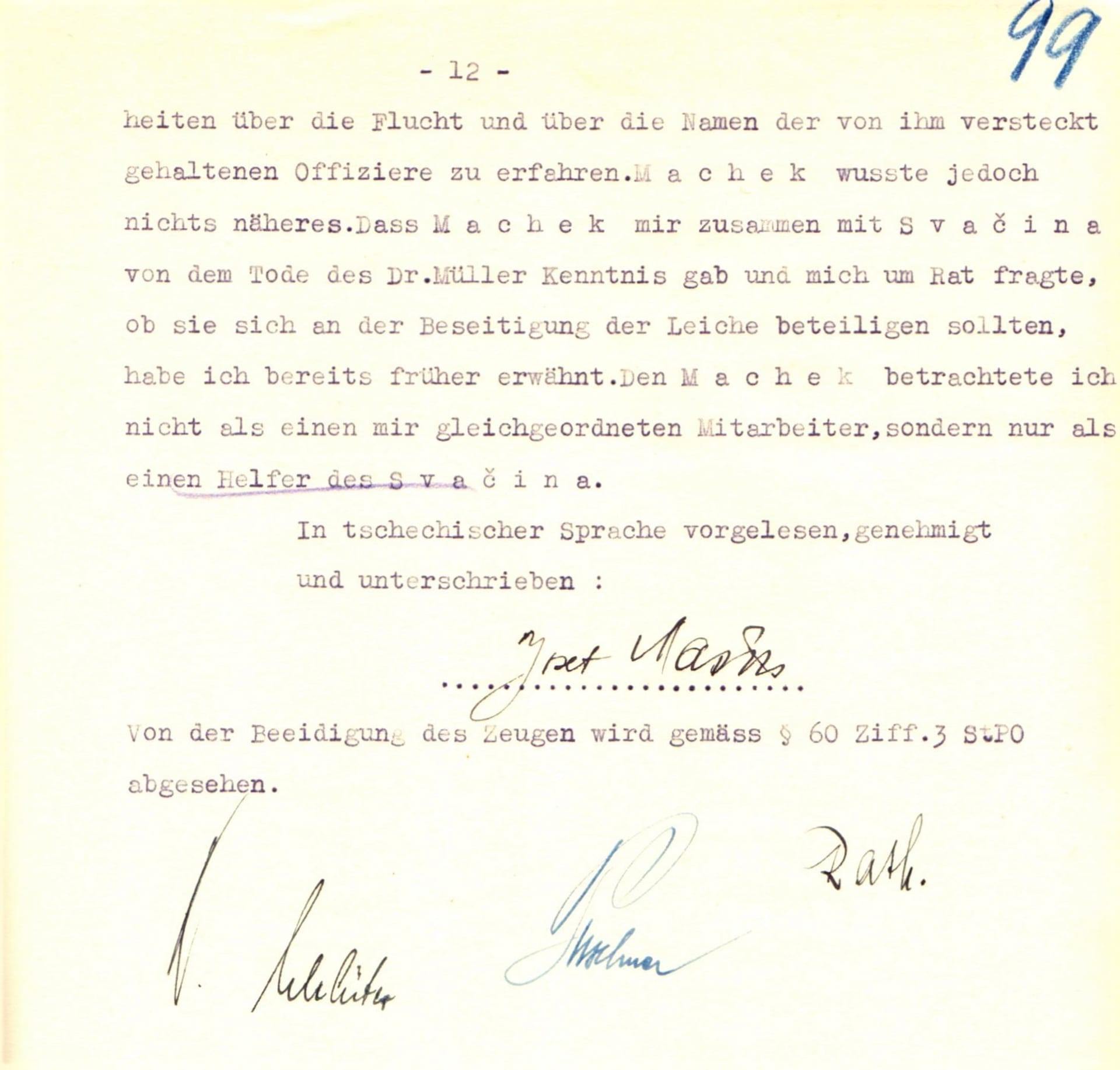 Jiný z výslechových protokolů s podpisem Mašína, který ležel 80 let v německých soudních spisech.