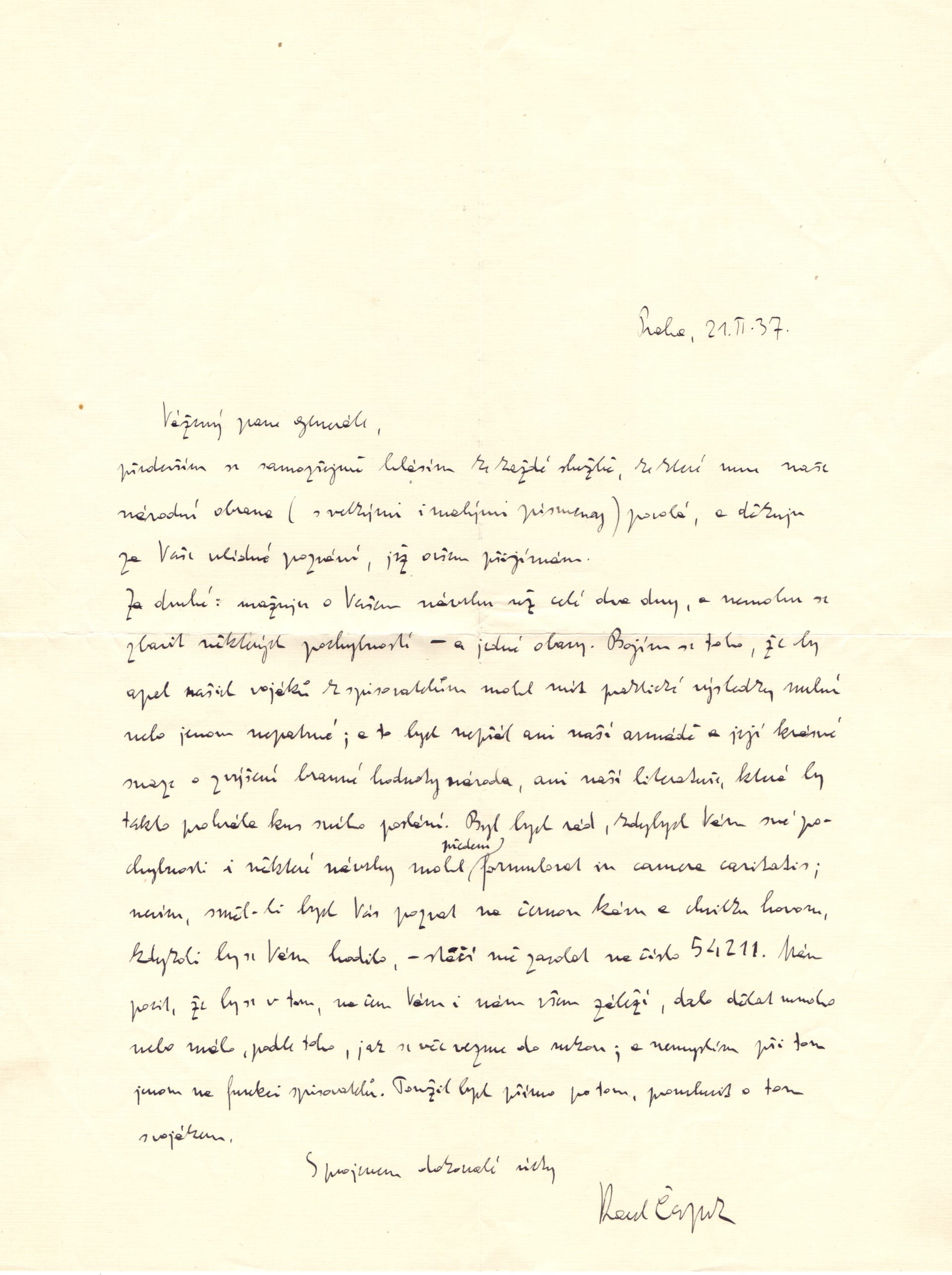 Dopis spisovatele Karla Čapka pro přednostu Vojenské kanceláře Pražského Hradu Sylvestra Bláhu. (Autor: Archiv Dagmar Hamšíkové)