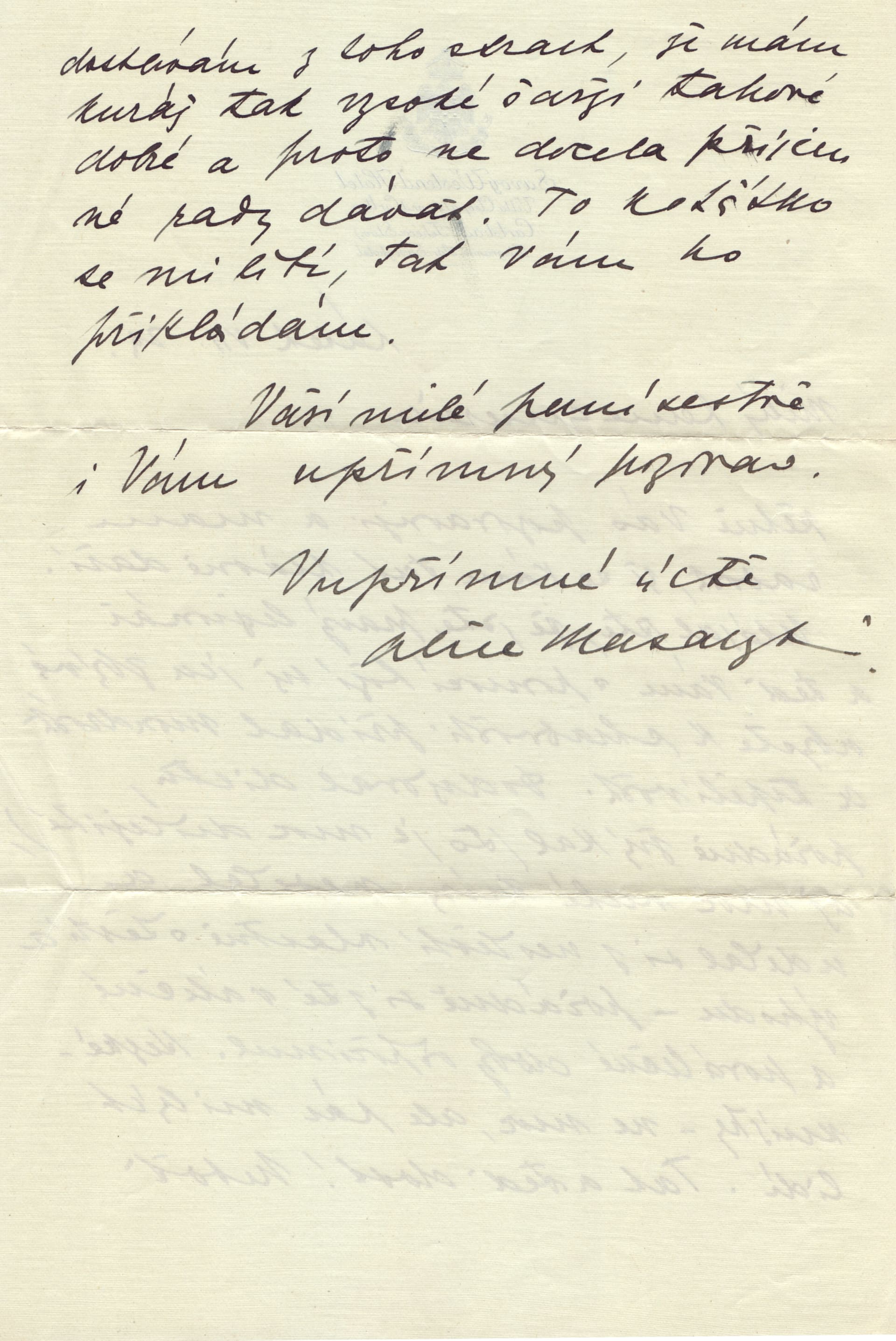 Pokračování dopisu Alice Masarykové pro přednostu Vojenské kanceláře Pažského Hradu Sylvestra Bláhu. (Autor: Archiv Dagmar Hamšíkové)