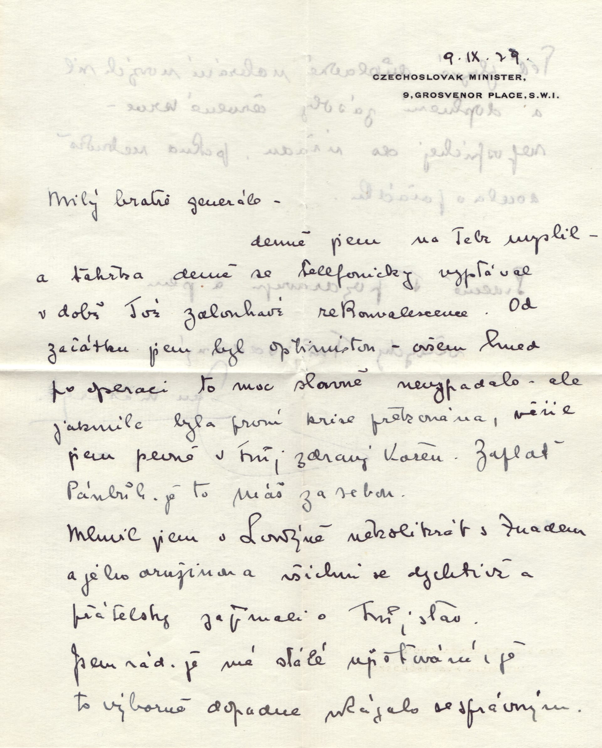 Dopis vyslance ve Spojeném království Jana Masaryka pro přednostu Vojenské kanceláře Pražského Hradu Sylvestra Bláhu. (Autor: Archiv Dagmar Hamšíkové)