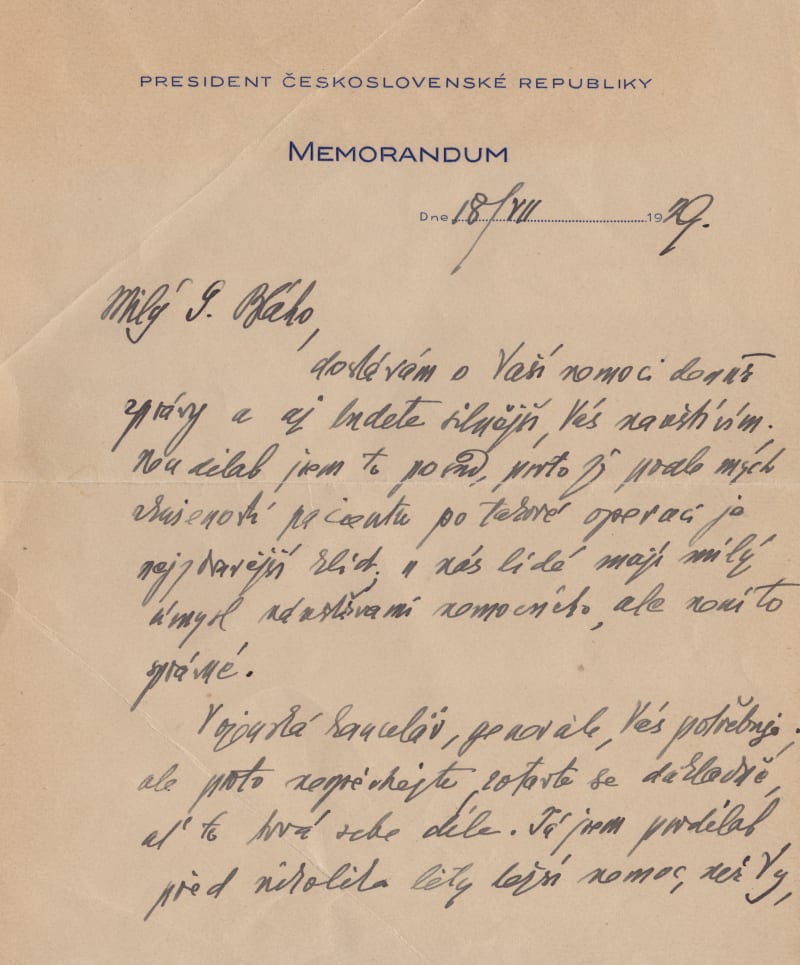 Dopis prezidenta T. G. Masaryka nemocnému přednostovi Vojenské kanceláře Pražského hradu Sylvestru Bláhovi. (archiv Dagmar Hamšíkové)