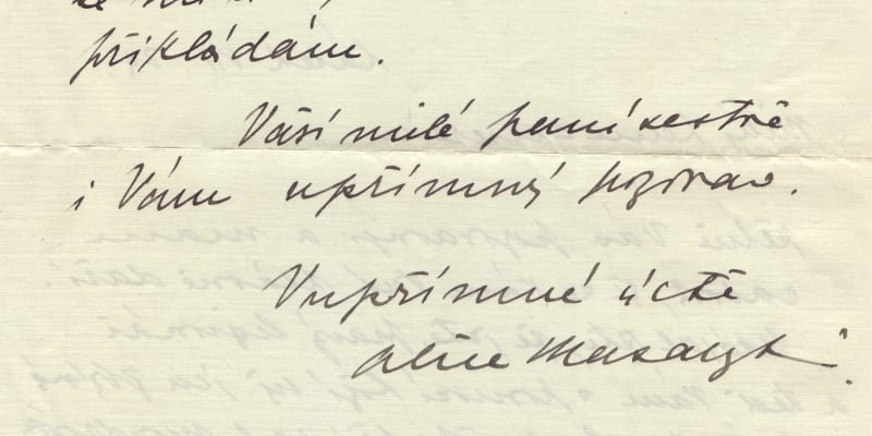 Pokračování dopisu Alice Masarykové pro přednostu Vojenské kanceláře Pažského Hradu Sylvestra Bláhu. (Autor: Archiv Dagmar Hamšíkové)