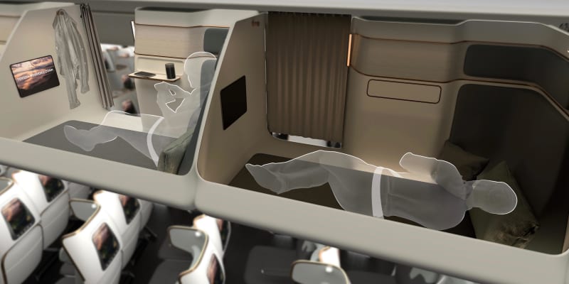 Jeden z návrhů počítá i se spacími kapslemi v místě, kde běžně cestující mají úložný prostor.