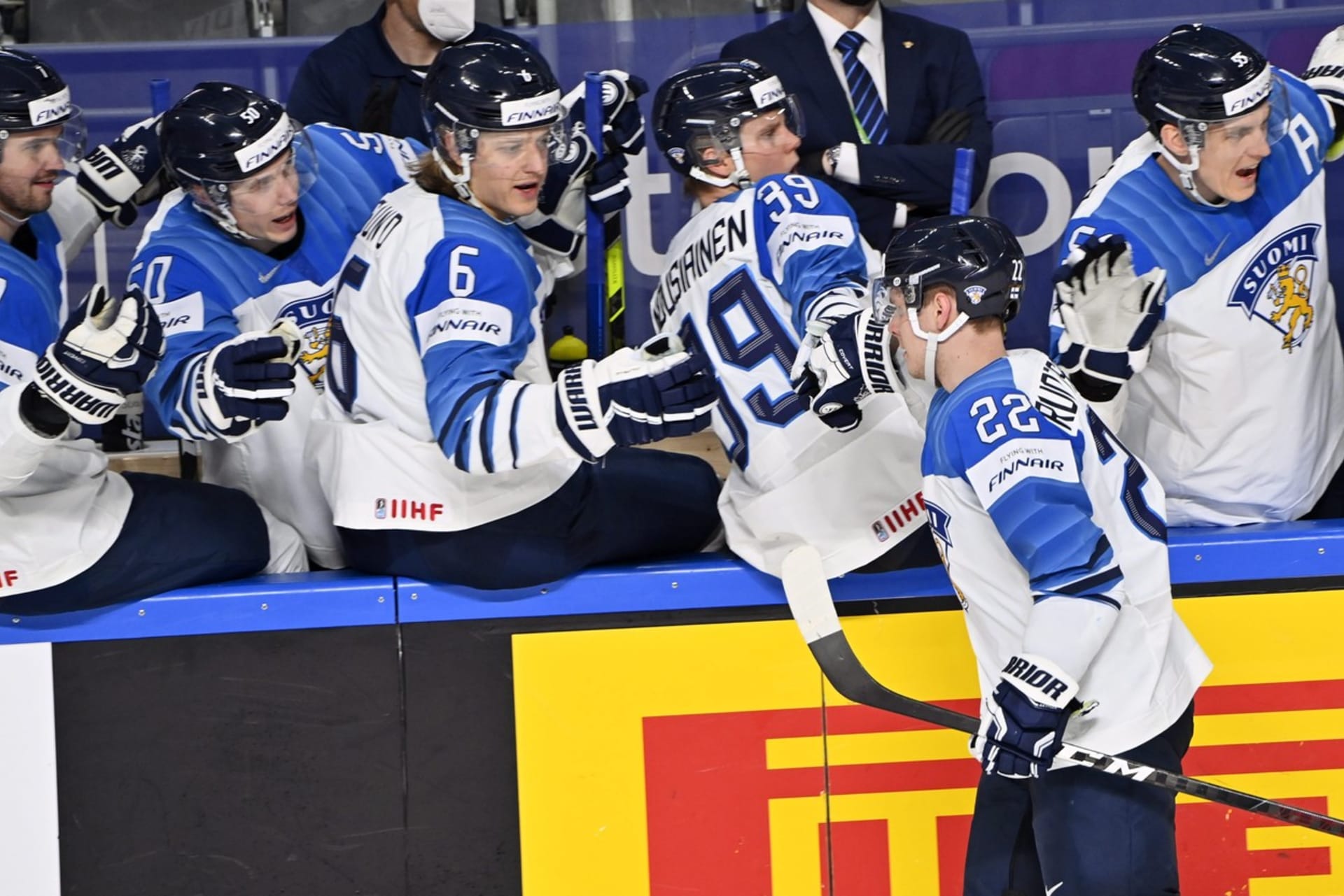 Finský hokejový tým na MS v hokeji v Rize 2021