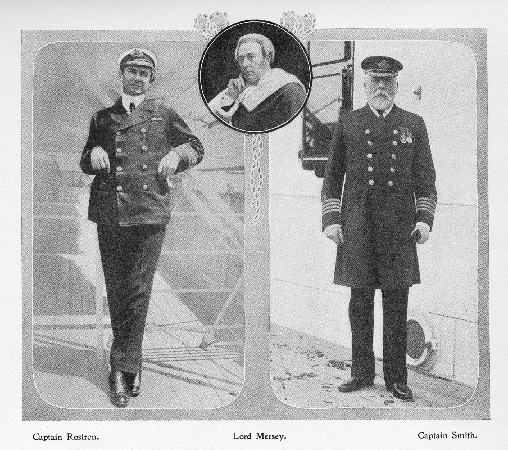 Vpravo kapitán Titaniku Edward J. Smith, vlevo kapitán Arthur Rostron z lodi Carpathia, jež ze člunů zachránila mnoho přeživších katatastrofy.