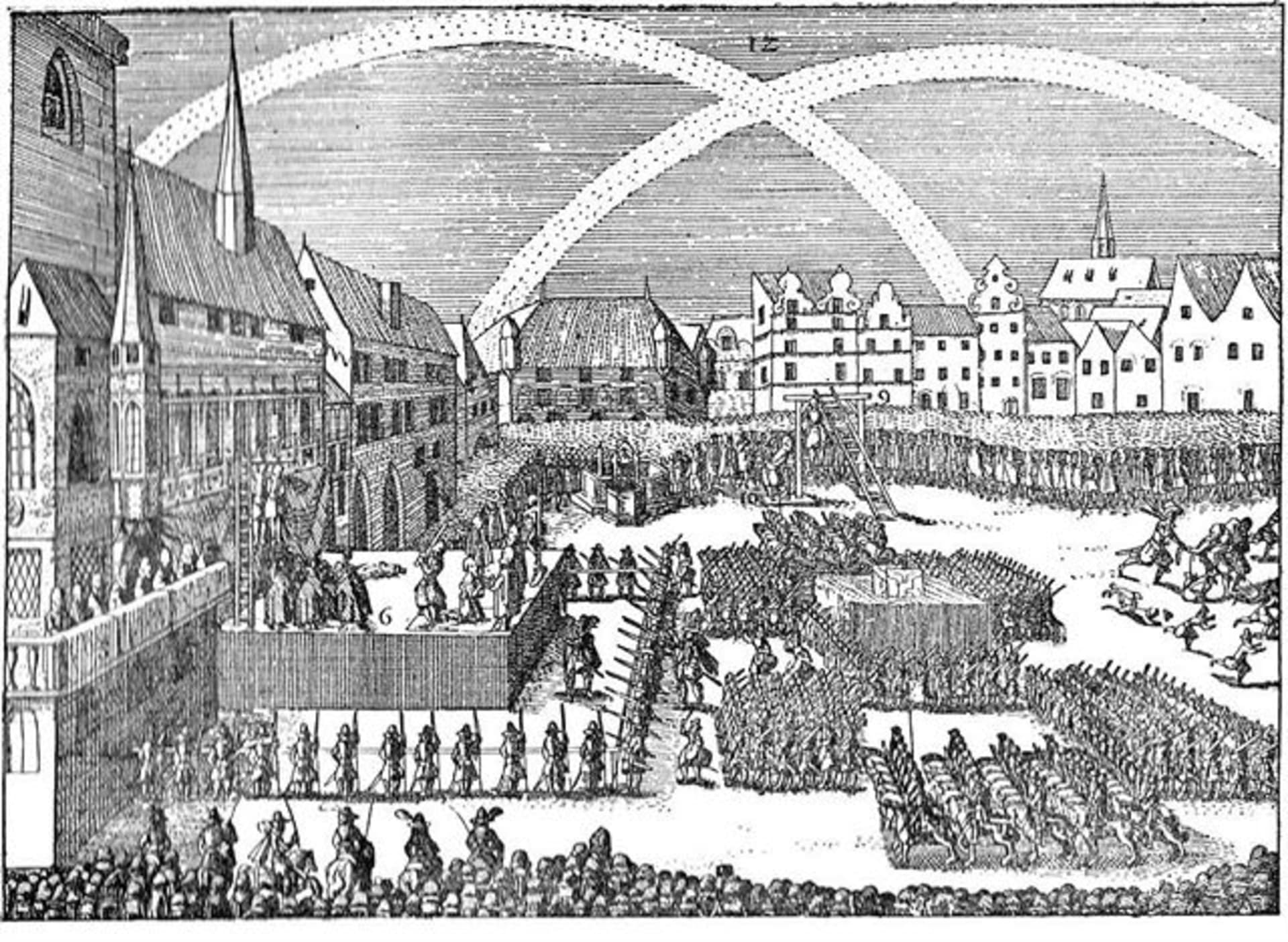 Staroměstská exekuce, poprava 27. rebelů 21. července 1621. Někteří byli sťati , jiní oběšeni (autor: Eduard Herold (1820 - 1895), dle starodávného dřevorytu, Public domain, via Wikimedia Commons)