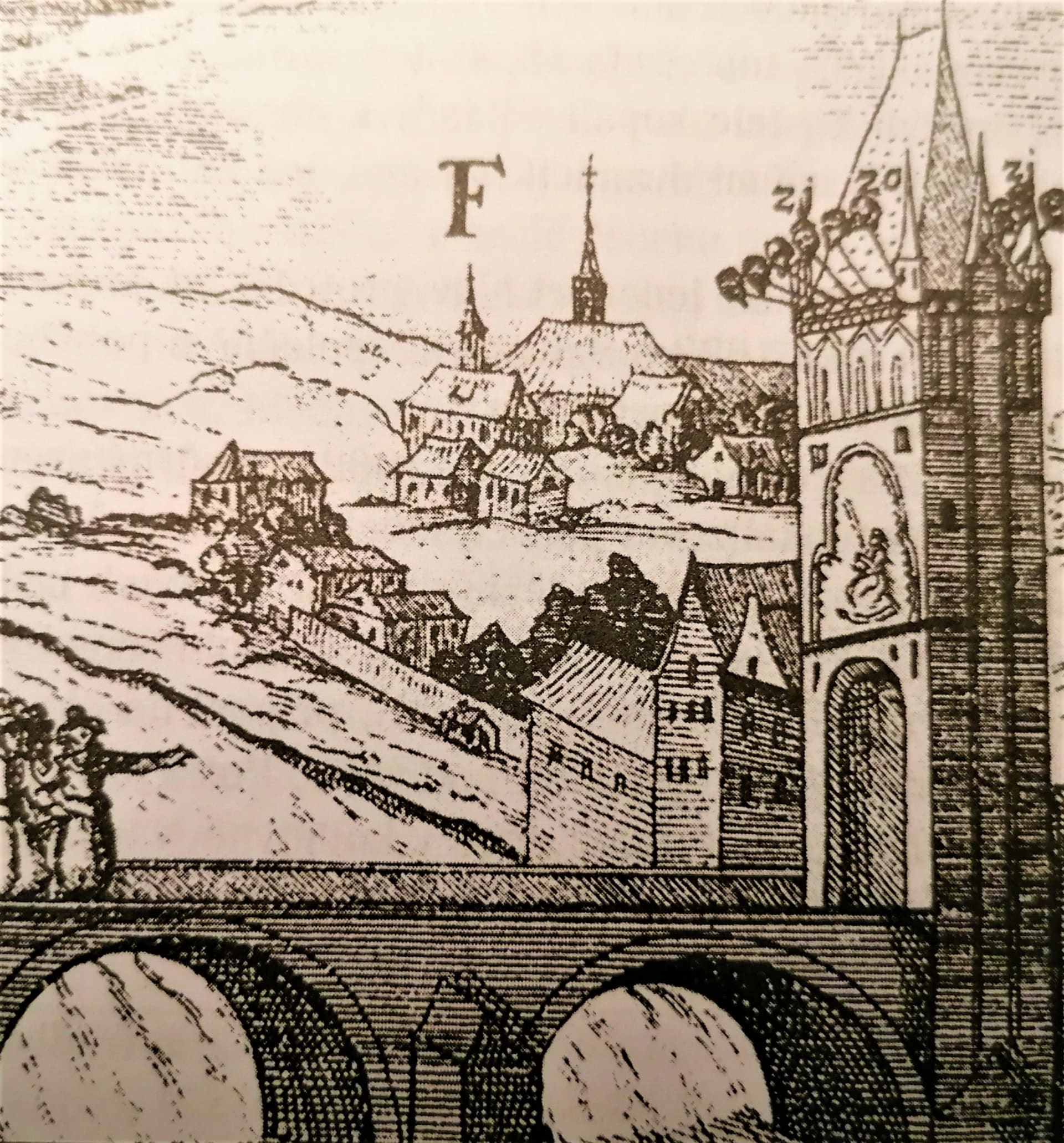 Dvanáct lebek popravených povstalců vystavených téměř na vrcholu Staroměstské mostecké věže na Karlově mostě. Visely tam 10 let (autor: dobová ilustrace ke kronice Pavla Skály ze Zhoře). 