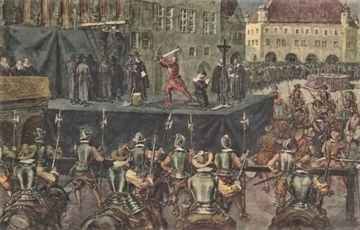 Staroměstská exekuce, poprava 27 rebelů 21. července 1621. Někteří byli sťati, jiní oběšeni (autor: Školní výuková tabule ze sbírek Vlastivědného muzea v Šumperku). 