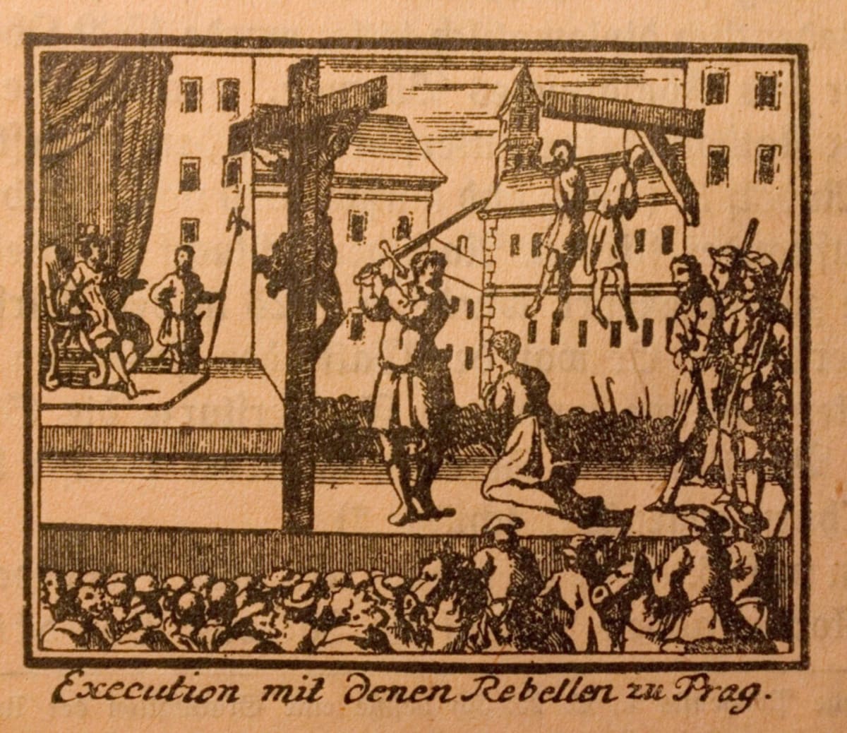 Staroměstská exekuce, poprava 27 rebelů 21. července 1621. Někteří byli sťati, jiní oběšeni. 