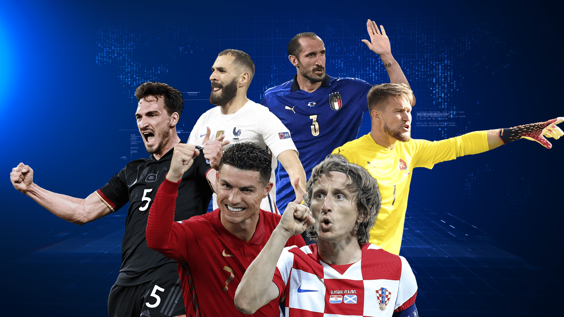Němec Mats Hummels, Francouz Karim Benzema (v bílém), Portugalec Cristiano Ronaldo, Ital Giorgio Chiellini, Chorvat Luka Modrič a český brankář Tomáš Vaclík. Párty třicátníků může začít.