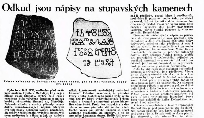 Odhalení podvodu s falešným náhrobním kamenem sv. Metoděje ze Stupavy v Lidových novinách v roce 1933. 