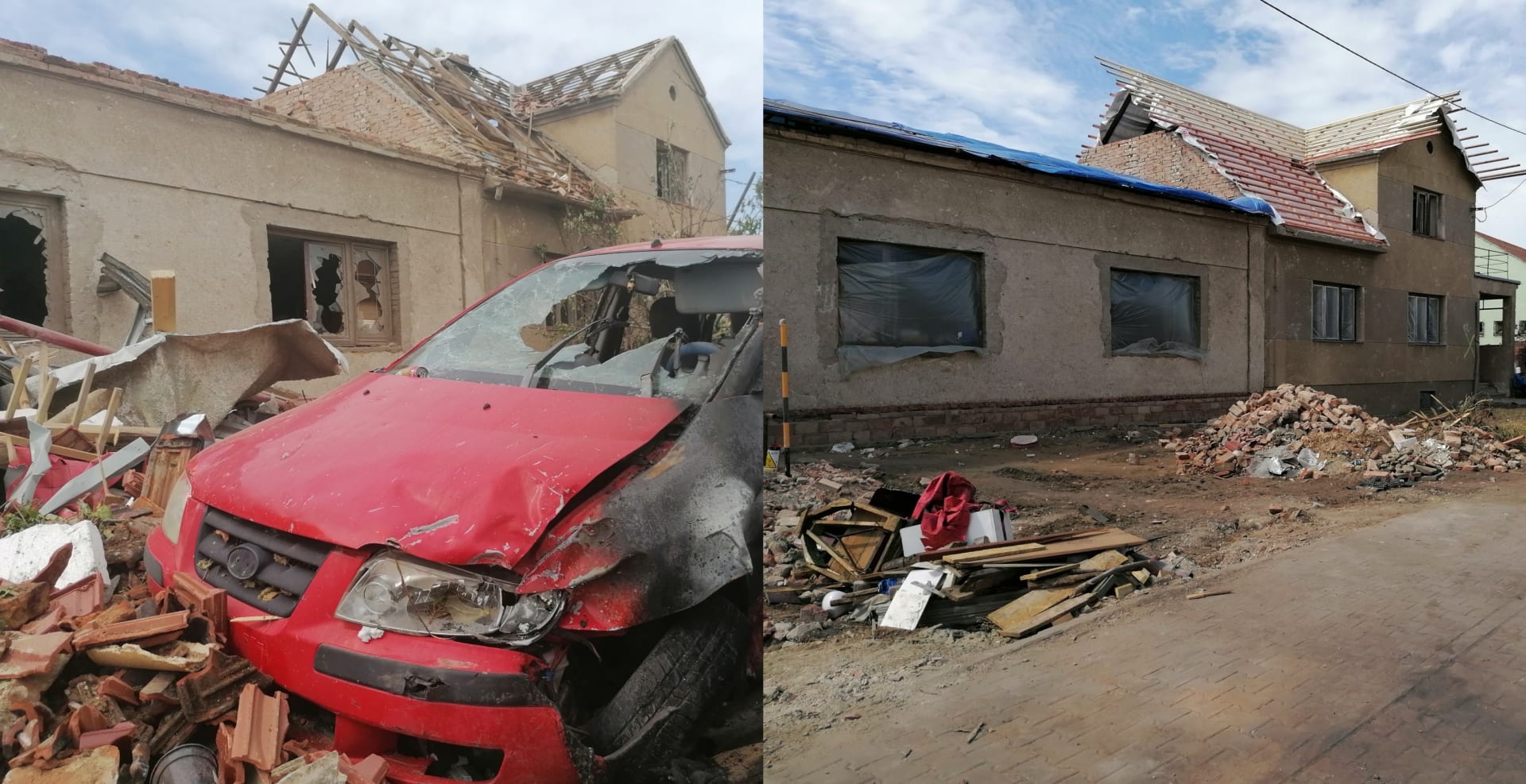 Lužice 25. června, Velkomoravská ulice. A Stejné místo. Zmizela zničená auta, obnovují se střechy.