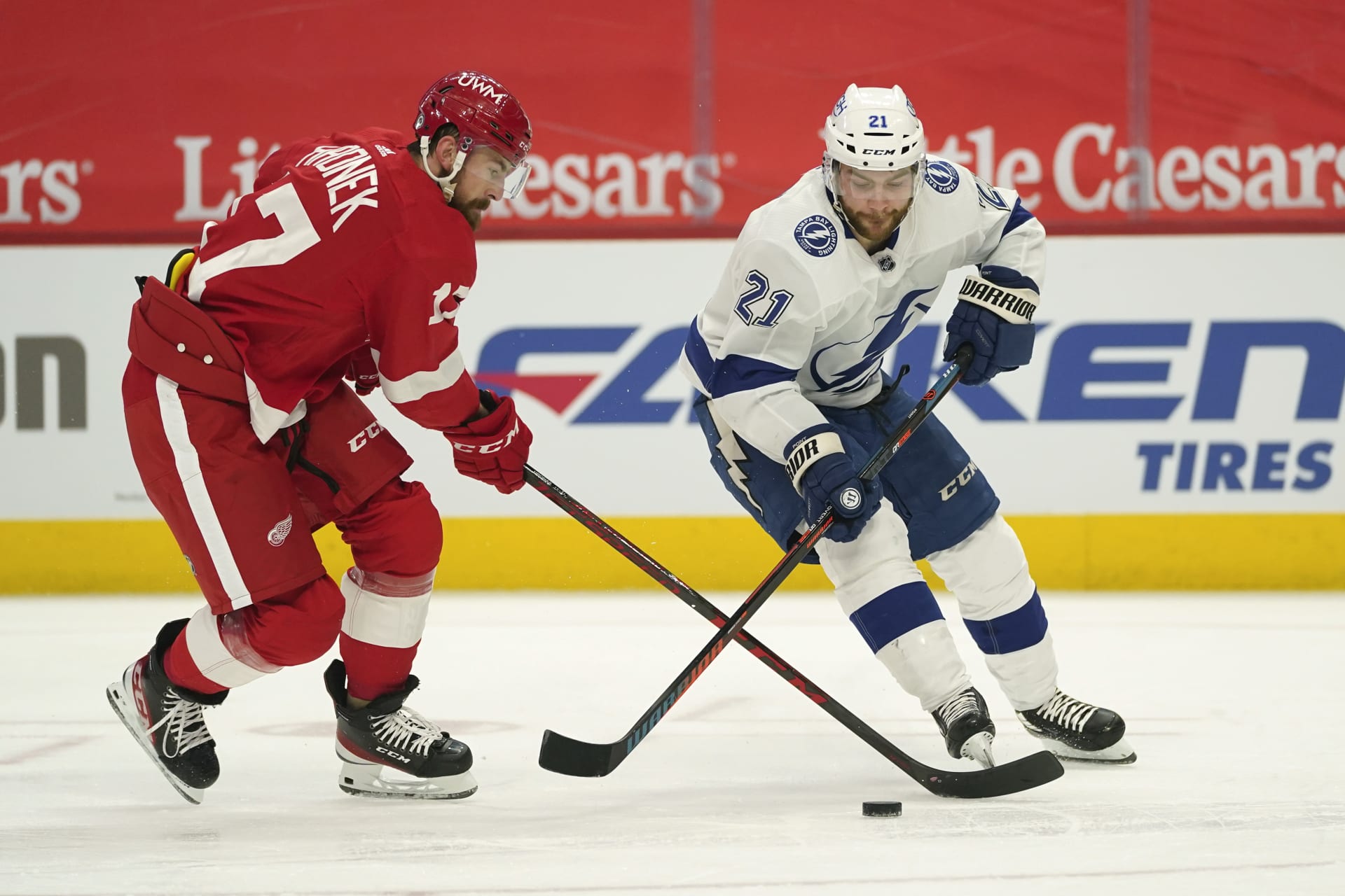 Obránce týmu NHL Detroit Red Wings Filip Hronek (vlevo) se snaží bránit Braydena Pointa z celku Tampa Bay Lightning v utkání NHL.
