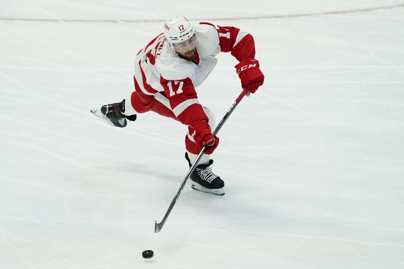 Filip Hronek z Detroit Red Wings nahrává během zápasu NHL proti Dallas Stars. 