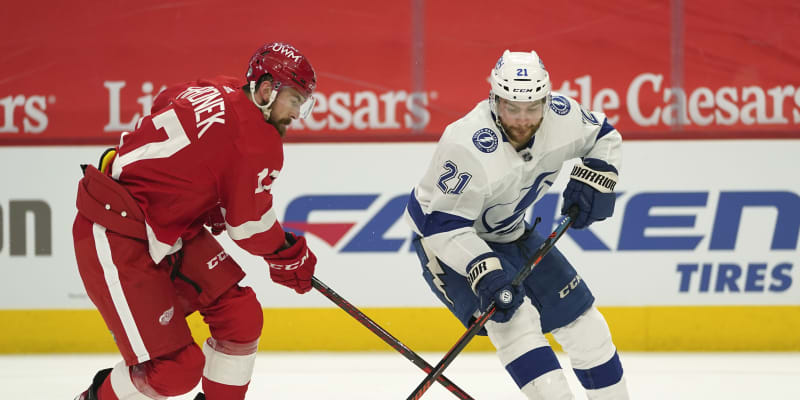Obránce týmu NHL Detroit Red Wings Filip Hronek (vlevo) se snaží bránit Braydena Pointa z celku Tampa Bay Lightning v utkání NHL.